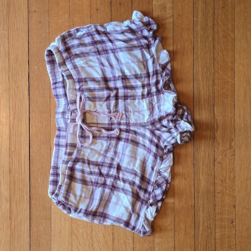 Awhile Flannel Plaid Pajama Shorts, Ruffle Detailing, Purple/Cream, Woman's M